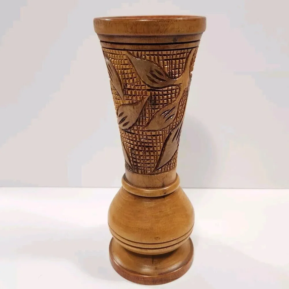 Hand Carved Wooden Vase Vessel Floral Leaf Design Bohemian Style, Boho Tiki